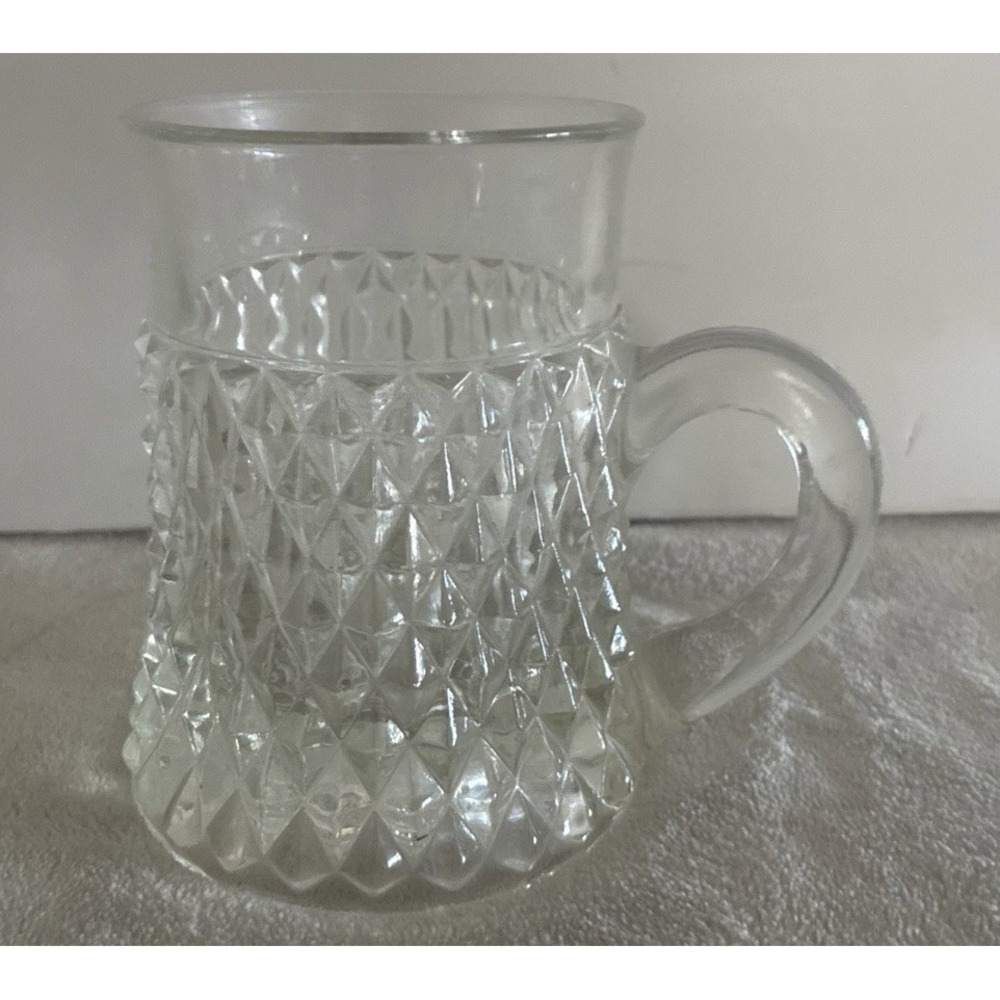 Vintage Indiana Glass Clear Diamond Point Tankard Mug 2.5" Pressed Glass Cup